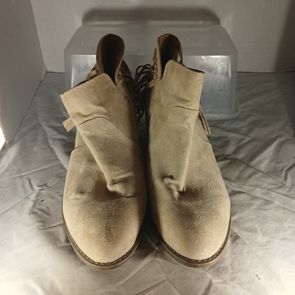 American Eagle Fringe Ankle Booties 13 Tan Boho Western Suede Block Heel Boots - Picture 3 of 10